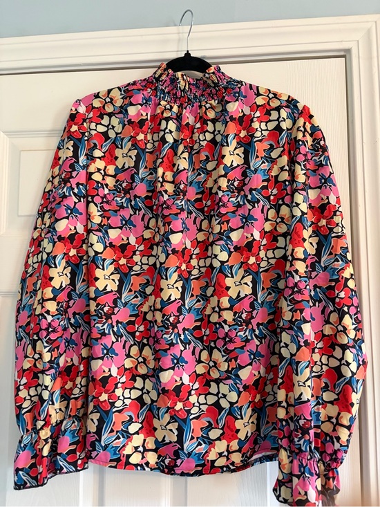 Tops - Smocked High-Neck Floral Blouse - Pink Multi